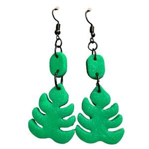 Monstera Leaf Statement Earrings -Handmade Polymer Clay - Glitter